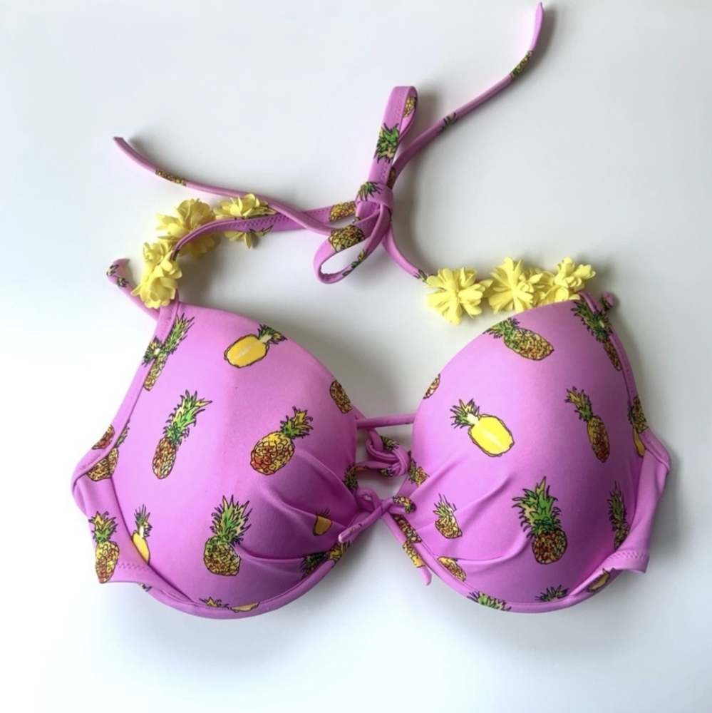 Victoria Secret Push Up Bikini Top Purple Pineapple Flower 34B